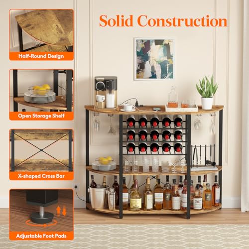 Lifewit Wine Rack Table, Liquor Bar Cabinet with Outlet and LED Light, Freestanding Floor Bar Table with Glass Holder and Wine Rack, Coffee Bar Stand for Home Kitchen Living Dining Room, Rustic Brown