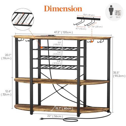 Lifewit Wine Rack Table, Liquor Bar Cabinet with Outlet and LED Light, Freestanding Floor Bar Table with Glass Holder and Wine Rack, Coffee Bar Stand for Home Kitchen Living Dining Room, Rustic Brown