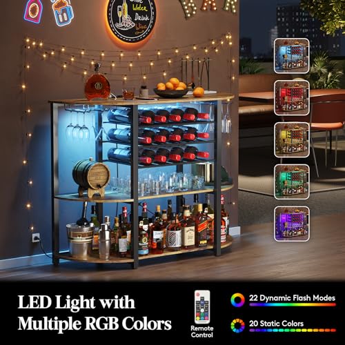 Lifewit Wine Rack Table, Liquor Bar Cabinet with Outlet and LED Light, Freestanding Floor Bar Table with Glass Holder and Wine Rack, Coffee Bar Stand for Home Kitchen Living Dining Room, Rustic Brown