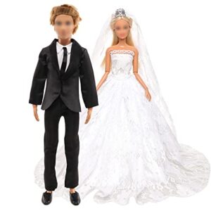 4 pack doll wedding set 1 white bride wedding with veil for 11.5 inch girl doll 1 black groom suit clothes for 12 inch boy doll 2 pairs of shoes for dolls
