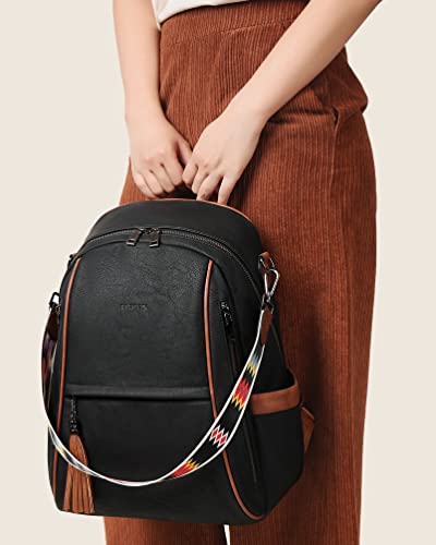 FADEON Leather Laptop Backpack Purse for Women Laptop Backpacks, Designer Mutiple Pockets Ladies Shoulder Bags Black
