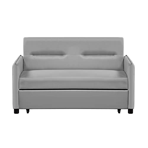 FULife 57'' Convertible Microfiber Upholsterd Sofa with Pull-Out Sleeper,3-in-1 Multi-Functional Adjustable Loveseat Bed,Modern 2-Seats Futon Couch w/Side Pocket&Pillows,Lounge Sofá for Living Room