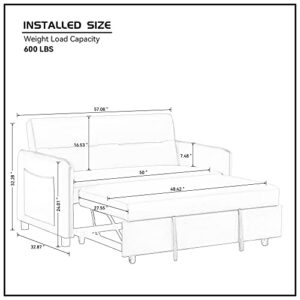 FULife 57'' Convertible Microfiber Upholsterd Sofa with Pull-Out Sleeper,3-in-1 Multi-Functional Adjustable Loveseat Bed,Modern 2-Seats Futon Couch w/Side Pocket&Pillows,Lounge Sofá for Living Room