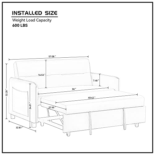 FULife 57'' Convertible Microfiber Upholsterd Sofa with Pull-Out Sleeper,3-in-1 Multi-Functional Adjustable Loveseat Bed,Modern 2-Seats Futon Couch w/Side Pocket&Pillows,Lounge Sofá for Living Room