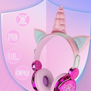 charlxee 𝟐𝟎𝟐𝟑 𝐍𝐞𝐰 Unicorns Kids Wireless Headphones with LED Lights,Headsets with Mic for School,30H Playtime,95dB Volume Limited,HD Stereo On/Over Ear Headsets,Unicorns Gifts(Hot-Pink)