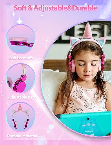 charlxee 𝟐𝟎𝟐𝟑 𝐍𝐞𝐰 Unicorns Kids Wireless Headphones with LED Lights,Headsets with Mic for School,30H Playtime,95dB Volume Limited,HD Stereo On/Over Ear Headsets,Unicorns Gifts(Hot-Pink)