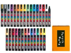 posco marker sanetomo posca marker acrylic paint pens fine point tip width 1.8-2.5mm 29 colors pc-5m, for rock painting, fabric, glass paint, metal paint including notebook