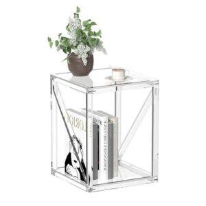 acrylic side table, 16" w square, 2-tier clear nightstand/bedside table/end table for living room, bedroom, small coffee table, 120 lb loads, modern, 21" h