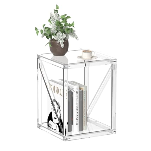 Acrylic Side Table, 16" W Square, 2-Tier Clear Nightstand/Bedside Table/End Table for Living Room, Bedroom, Small Coffee Table, 120 lb Loads, Modern, 21" H