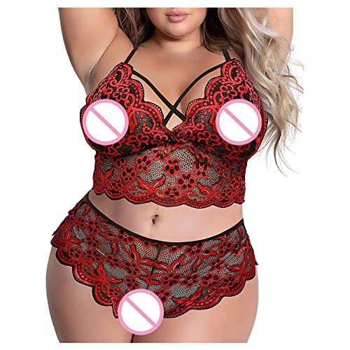 Ropa Interior Femenina Sexy, Black Bodysuit Women Sexy Lingerie Sets Lengerie Set Women's Plus Size Lingerie Lace Embroidery Two Point Three Piece Split Suit Xs Piece Lingerie Set (M, Red)