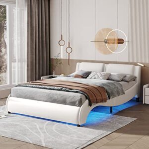 lostcat queen modern upholstered faux leather platform bed with led light bed frame,strong wood slats support,wave like curve low profile bed frame for boys/girls/adult bedroom,easy assembly,white