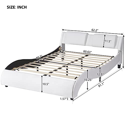 Lostcat Queen Modern Upholstered Faux Leather Platform Bed with LED Light Bed Frame,Strong Wood Slats Support,Wave Like Curve Low Profile Bed Frame for Boys/Girls/Adult Bedroom,Easy Assembly,White