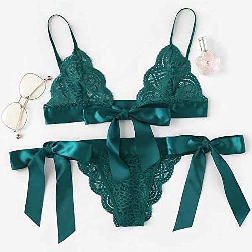 Cosplay Costumes For Women, Boudoir Outfits Full Body Suit Women's Lengerie Sexy Women's Lingerie Lace Three-Point Large Bow Tie Split Two-Piece Suit Sets With Stockings Bodysuit (S, Green)