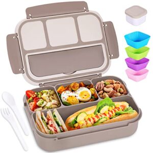 bento box adult lunch box, lunch containers for adults men women with 4 compartments, lunchable food container with utensils, sauce jar, muffin liners, 40 oz/5 cup, microwave & dishwasher safe, brown