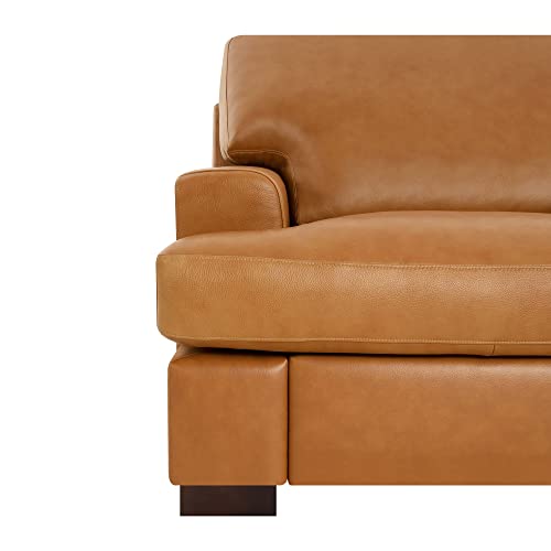 Naomi Home Siggy Genuine Leather Sofa - Luxurious Comfort, Goose Feather Cushion Filling, Square Arm Design, Sturdy Block Legs, Elegant Tan - Ideal for Living Room, Office, or Bedroom