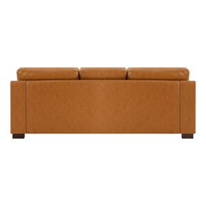 Naomi Home Siggy Genuine Leather Sofa - Luxurious Comfort, Goose Feather Cushion Filling, Square Arm Design, Sturdy Block Legs, Elegant Tan - Ideal for Living Room, Office, or Bedroom