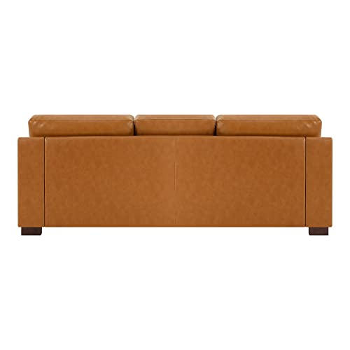 Naomi Home Siggy Genuine Leather Sofa - Luxurious Comfort, Goose Feather Cushion Filling, Square Arm Design, Sturdy Block Legs, Elegant Tan - Ideal for Living Room, Office, or Bedroom