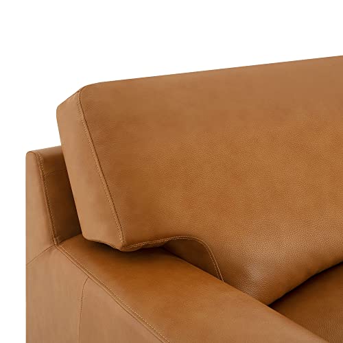 Naomi Home Siggy Genuine Leather Sofa - Luxurious Comfort, Goose Feather Cushion Filling, Square Arm Design, Sturdy Block Legs, Elegant Tan - Ideal for Living Room, Office, or Bedroom