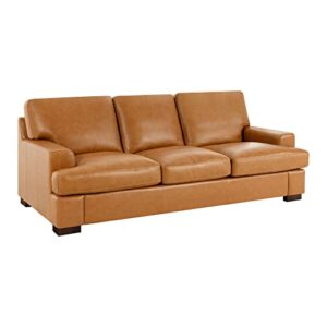 Naomi Home Siggy Genuine Leather Sofa - Luxurious Comfort, Goose Feather Cushion Filling, Square Arm Design, Sturdy Block Legs, Elegant Tan - Ideal for Living Room, Office, or Bedroom