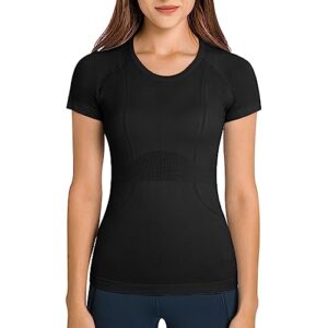workout shirts for women short sleeve seamless yoga top sports running shirt breathable gym athletic tops slim fit black