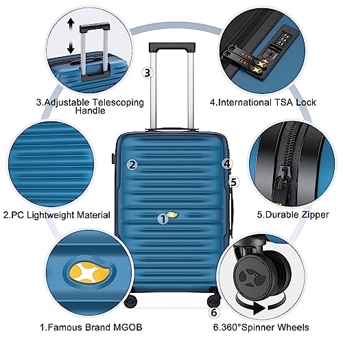 MGOB Carry On Luggage 22x14x9 Airline Approved, PC Hard Suitcases with Spinner Wheels, Lightweight Luggage, TSA Approved, 20 Inch Carry-On, Blue