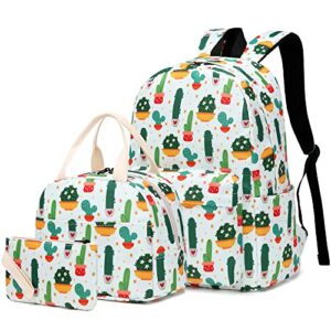 yusudan cactus girls school backpack, 3 in 1 set kids teens school bag bookbag with lunch bag pencil case