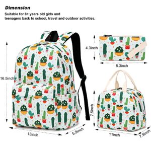 Yusudan Cactus Girls School Backpack, 3 in 1 Set Kids Teens School Bag Bookbag with Lunch Bag Pencil Case