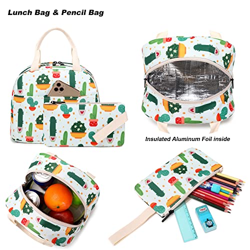 Yusudan Cactus Girls School Backpack, 3 in 1 Set Kids Teens School Bag Bookbag with Lunch Bag Pencil Case