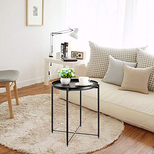 danpinera Metal Side Table, Black Side Table for Small Spaces Outdoor Patio Side Table Round Metal Coffee Table Waterproof Removable Tray Table for Living Room Bedroom Balcony Office Black, Set of 2