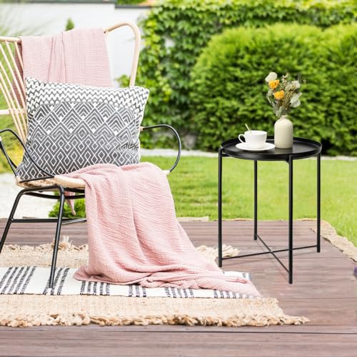 danpinera Metal Side Table, Black Side Table for Small Spaces Outdoor Patio Side Table Round Metal Coffee Table Waterproof Removable Tray Table for Living Room Bedroom Balcony Office Black, Set of 2