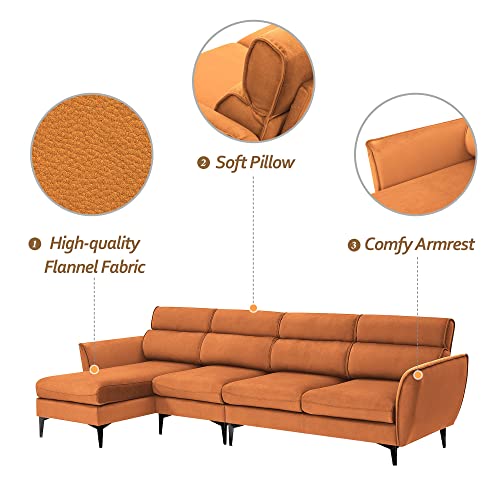 LCH L-Shaped Convertible Sectional Sofa Upholsted Chaise, Reversible Couch w/Metal Legs, Left/Right Handed Facing, 111 inch, Livingroom Furniture, Perfect for Apartment, Guestroom, Orange