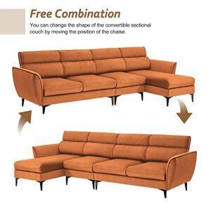 LCH L-Shaped Convertible Sectional Sofa Upholsted Chaise, Reversible Couch w/Metal Legs, Left/Right Handed Facing, 111 inch, Livingroom Furniture, Perfect for Apartment, Guestroom, Orange