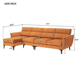 LCH L-Shaped Convertible Sectional Sofa Upholsted Chaise, Reversible Couch w/Metal Legs, Left/Right Handed Facing, 111 inch, Livingroom Furniture, Perfect for Apartment, Guestroom, Orange