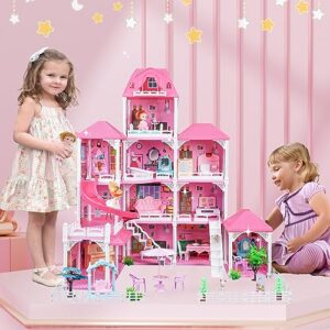 ymrzed doll house - dream house furniture pink girl toys 4 story 12 rooms with 2 dolls toy figures kids dollhouse giant doll house for girls gift toy for kids ages 3 4 5 6 7 8 9+