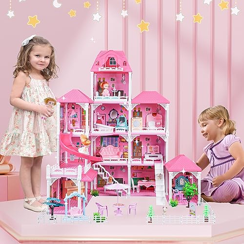 Ymrzed Doll House - Dream House Furniture Pink Girl Toys 4 Story 12 Rooms with 2 Dolls Toy Figures Kids Dollhouse Giant Doll House for Girls Gift Toy for Kids Ages 3 4 5 6 7 8 9+