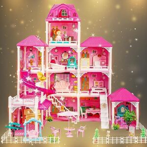 Ymrzed Doll House - Dream House Furniture Pink Girl Toys 4 Story 12 Rooms with 2 Dolls Toy Figures Kids Dollhouse Giant Doll House for Girls Gift Toy for Kids Ages 3 4 5 6 7 8 9+