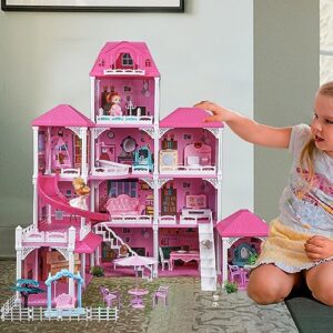 Ymrzed Doll House - Dream House Furniture Pink Girl Toys 4 Story 12 Rooms with 2 Dolls Toy Figures Kids Dollhouse Giant Doll House for Girls Gift Toy for Kids Ages 3 4 5 6 7 8 9+