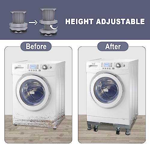 Pameloo Adjustable Washing Machine Stand 5.7" to 24.8" Wide, 4 Wheels Base Heavy Duty Laundry Appliance Support, Anti-Vibration Washer Pedestal and Dryer Base, Home Appliance Mobility Solution