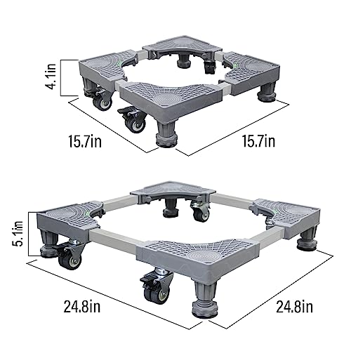 Pameloo Adjustable Washing Machine Stand 5.7" to 24.8" Wide, 4 Wheels Base Heavy Duty Laundry Appliance Support, Anti-Vibration Washer Pedestal and Dryer Base, Home Appliance Mobility Solution