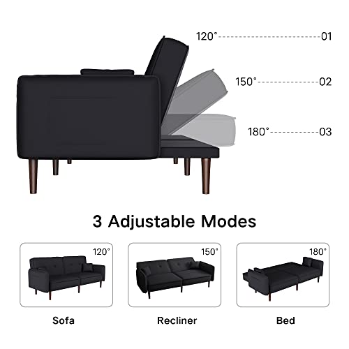 LCH Loveseat Futon, Convertible Sleeper Sofa Couch Bed in Cotton Linen Fabric for Living Room Bedroom Dorm Apartment Studio, Wood Legs, Black