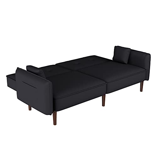 LCH Loveseat Futon, Convertible Sleeper Sofa Couch Bed in Cotton Linen Fabric for Living Room Bedroom Dorm Apartment Studio, Wood Legs, Black