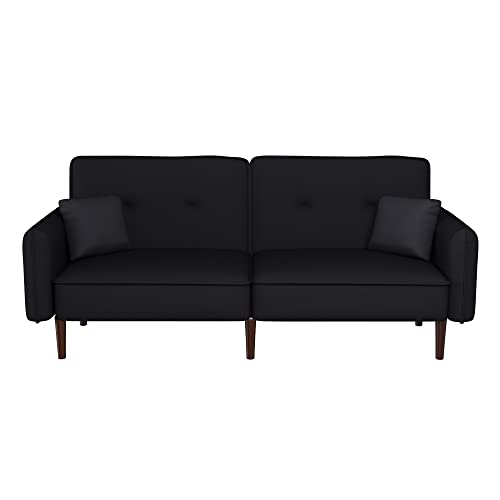 LCH Loveseat Futon, Convertible Sleeper Sofa Couch Bed in Cotton Linen Fabric for Living Room Bedroom Dorm Apartment Studio, Wood Legs, Black