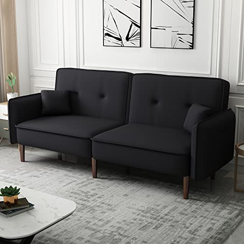 LCH Loveseat Futon, Convertible Sleeper Sofa Couch Bed in Cotton Linen Fabric for Living Room Bedroom Dorm Apartment Studio, Wood Legs, Black