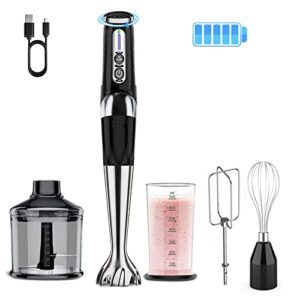 cordless immersion blender: 4-in-1 cordless hand blender rechargeable, 21-speed & 3-angle adjustable with 304 stainless steel blades, chopper, beaker, whisk and beater for milkshakes | smoothies | soup| puree | baby food (black)