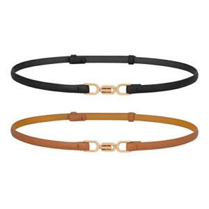 2 pack women skinny leather belt adjustable thin waist belts with alloy buckle for dresses black/brown