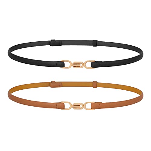 2 Pack Women Skinny Leather Belt Adjustable Thin Waist Belts with Alloy Buckle for Dresses Black/Brown