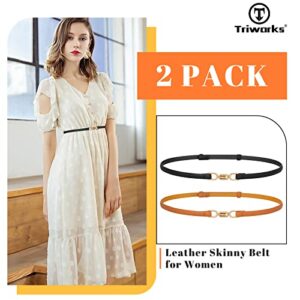 2 Pack Women Skinny Leather Belt Adjustable Thin Waist Belts with Alloy Buckle for Dresses Black/Brown