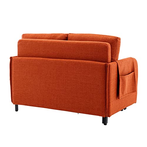 Lin-Utrend 46" Convertible Sleeper Sofa Bed, Modern Loveseat Couch with Pull Out Bed, Small Love Seat Futon Sofa Bed with Headboard, 2 Pillows Side Pockets for Living Room Apartment (Orange)