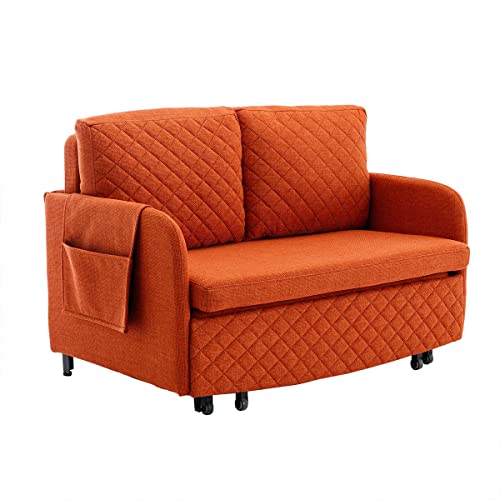 Lin-Utrend 46" Convertible Sleeper Sofa Bed, Modern Loveseat Couch with Pull Out Bed, Small Love Seat Futon Sofa Bed with Headboard, 2 Pillows Side Pockets for Living Room Apartment (Orange)