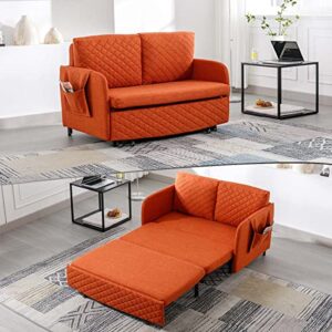 lin-utrend 46" convertible sleeper sofa bed, modern loveseat couch with pull out bed, small love seat futon sofa bed with headboard, 2 pillows side pockets for living room apartment (orange)